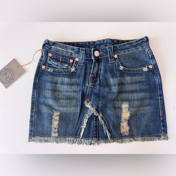 True Religion Dresses & Skirts - True Religion Rugged Distressed Frayed Denim Jean Mini Skirt size 29 Y2K 2005